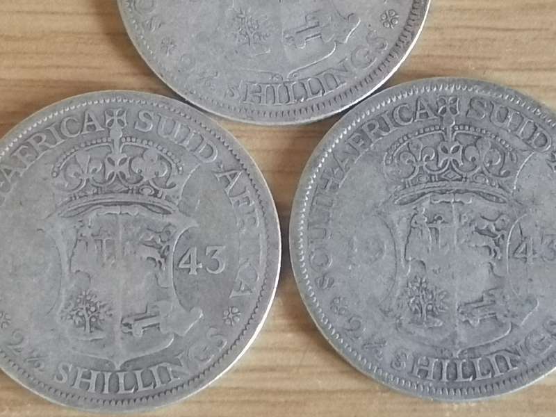 SA UNION SILVER COINS - 3x 2.5 SHILLINGS (1942 & 2x 1943) - USED CONDITION - SEE BELOW FOR INFO.