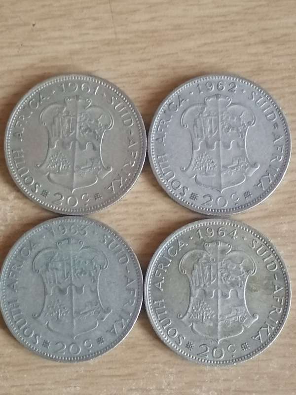 SA UNION SILVER COINS - SET OF 4x 20 CENTS (1961 - 1964) - USED CONDITION - SEE BELOW FOR INFO.