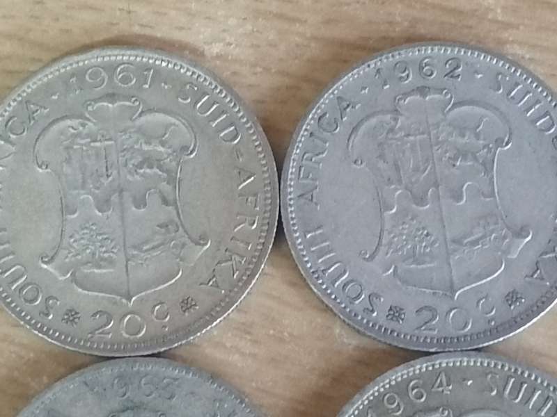 SA UNION SILVER COINS - SET OF 4x 20 CENTS (1961 - 1964) - USED CONDITION - SEE BELOW FOR INFO.