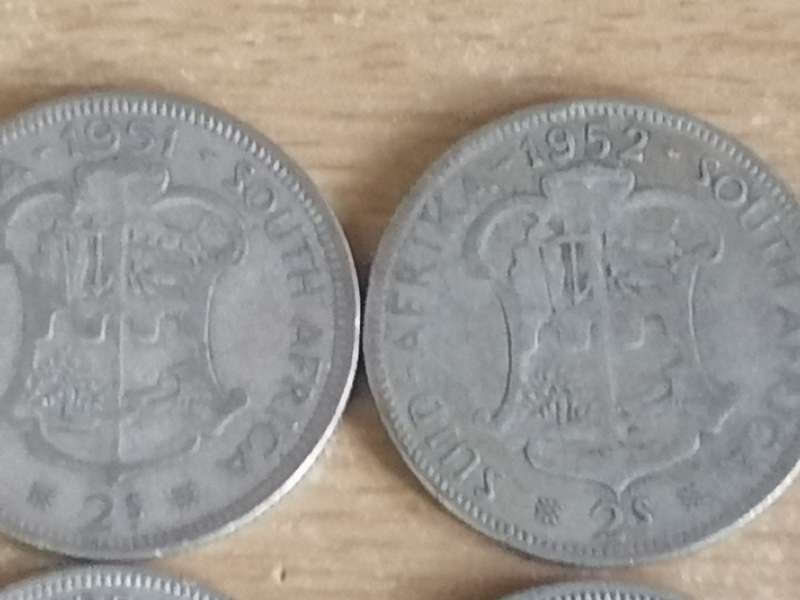 SA UNION SILVER COINS - 11x 2/ SHILLINGS (1951 - 1960) - USED CONDITION - SEE BELOW FOR INFO.