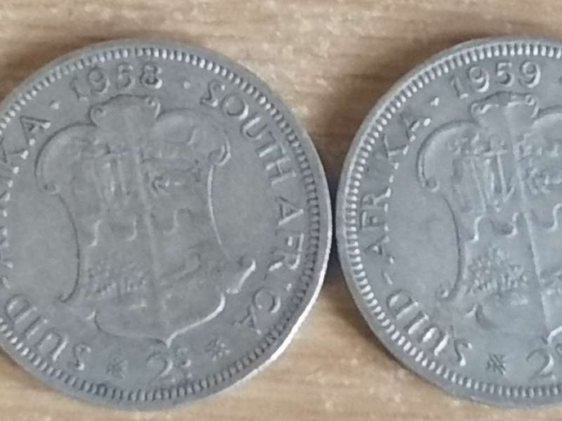 SA UNION SILVER COINS - 11x 2/ SHILLINGS (1951 - 1960) - USED CONDITION - SEE BELOW FOR INFO.