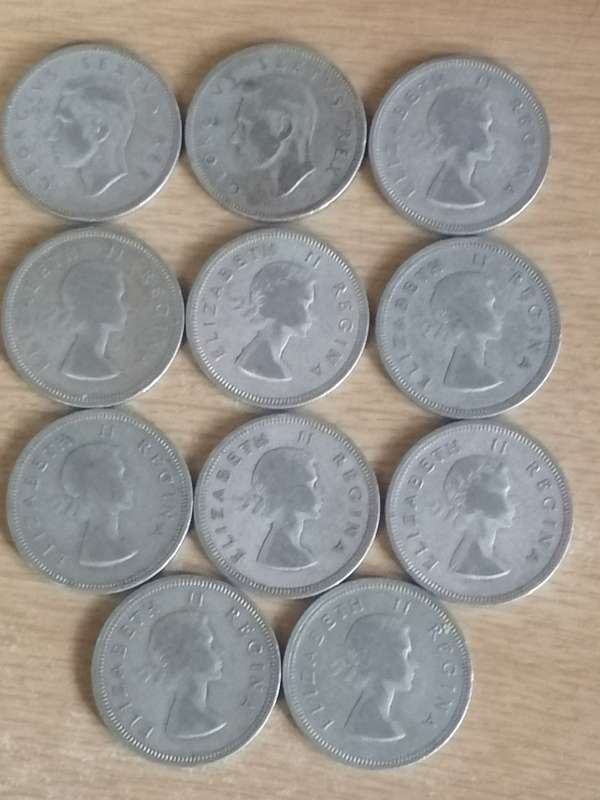 SA UNION SILVER COINS - 11x 2/ SHILLINGS (1951 - 1960) - USED CONDITION - SEE BELOW FOR INFO.