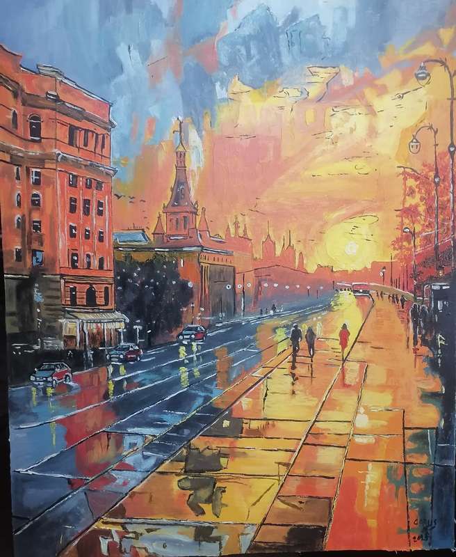 Stunning Oil Painting 'City street at dusk' on canvas 2025 by Cobus.