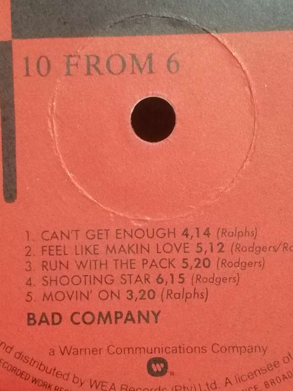 Bad Company, 10 from 6, vinyl in very good condition.