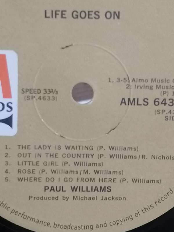 Paul Williams, Life Goes On, vinyl excellent, cover good.