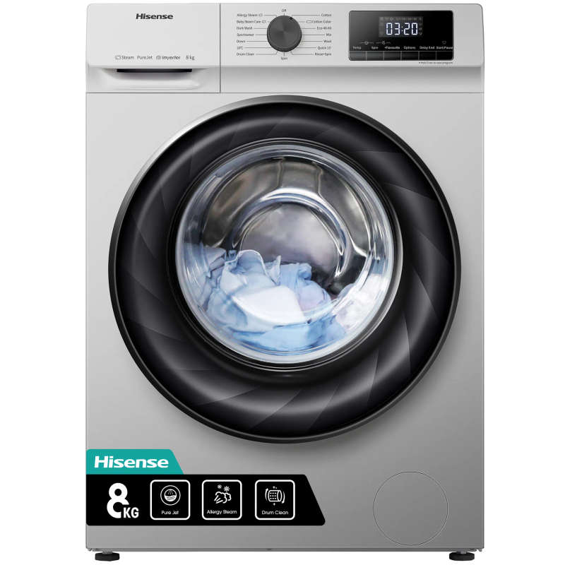 Hisense 8KG, Spin speed 1200 RPM, A+ Rating, Spin drying Class C-WFQY8012EVJMS