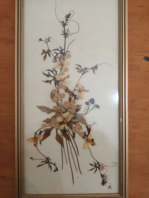 Framed, glazed vintage dried flower arrangement fixed to linen