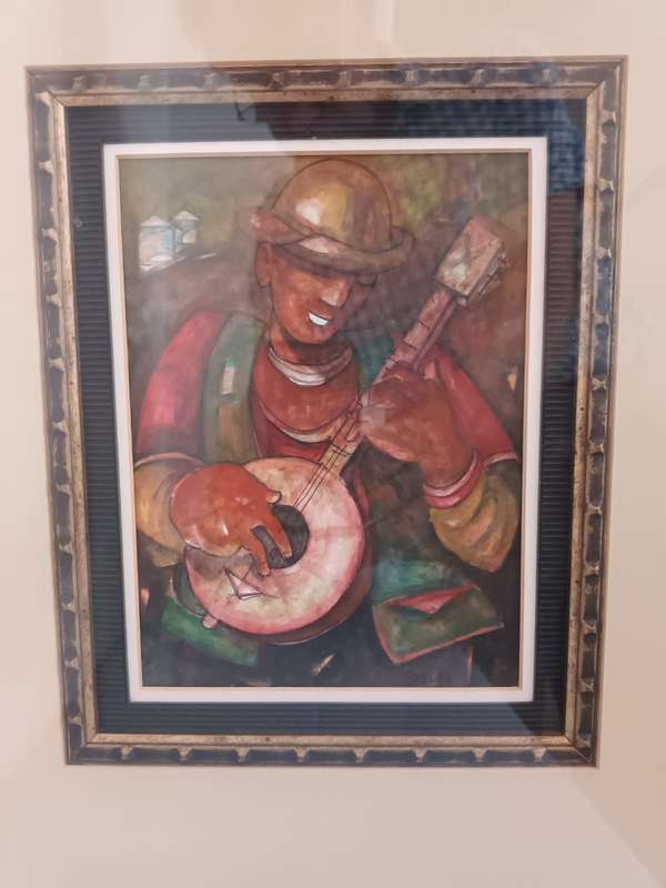 Bielal Fataar, painting of a minstrel (watercolour / gouache)
