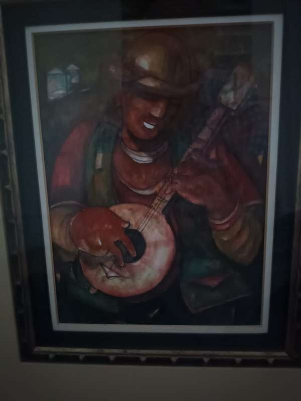 Bielal Fataar, painting of a minstrel (watercolour / gouache)