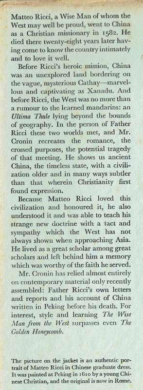 The Wise Man from the West (life of Matteo Ricci, missionary in China from 1582)