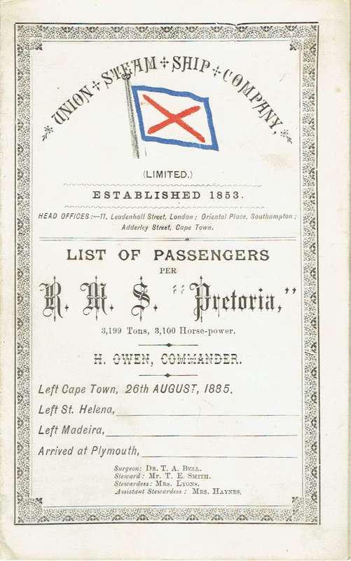 Union Steam Ship Company. List of Passengers per R.M.S. "Pretoria". 1885