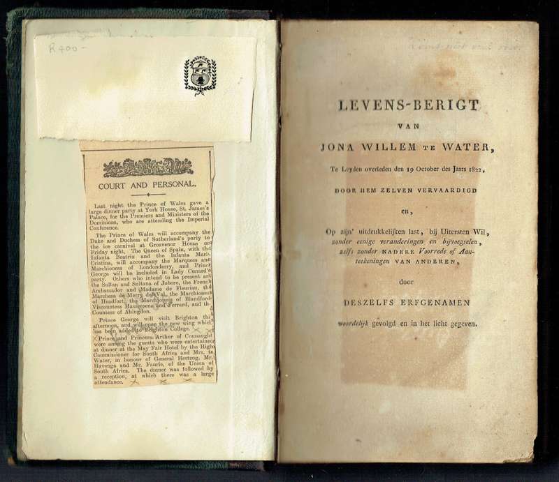 Jona Willem te Water autobiography, published 1823. Dutch Reformed Church