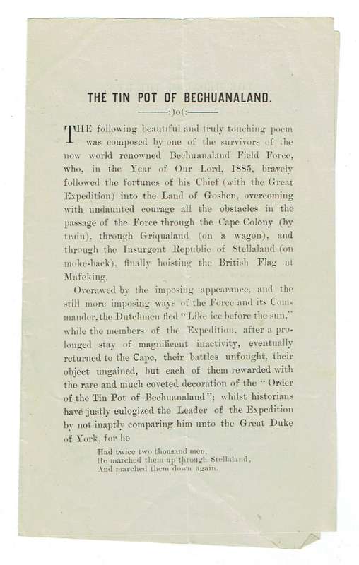 The Tin Pot of Bechuanaland. Very rare Vryburg printing? 1885?