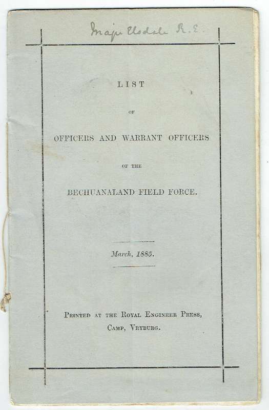 List of Officers ... Bechuanaland Field Force. Very rare, early Vryburg printing. 1885.