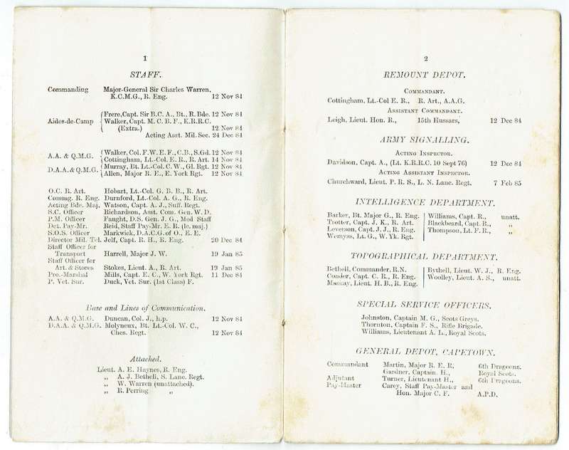 List of Officers ... Bechuanaland Field Force. Very rare, early Vryburg printing. 1885.