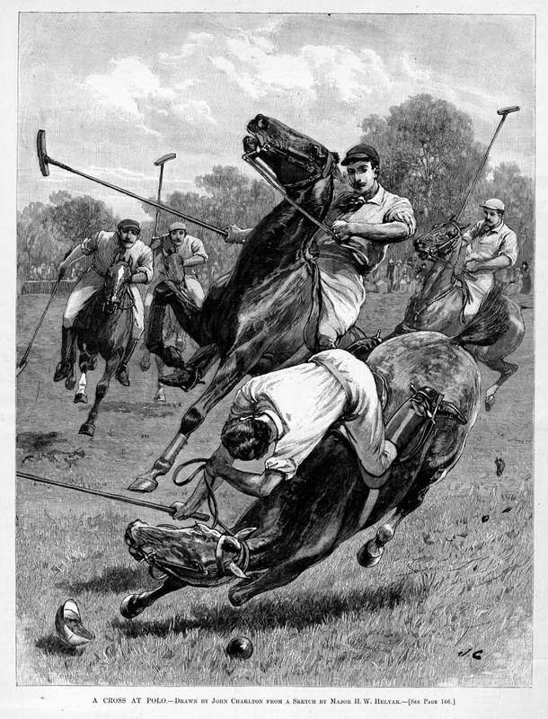 Old pen-and-ink drawing of a scene during a game of polo