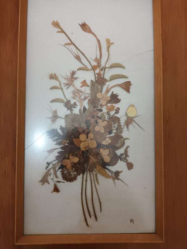 Large framed, glazed vintage dried flower arrangement fixed to linen