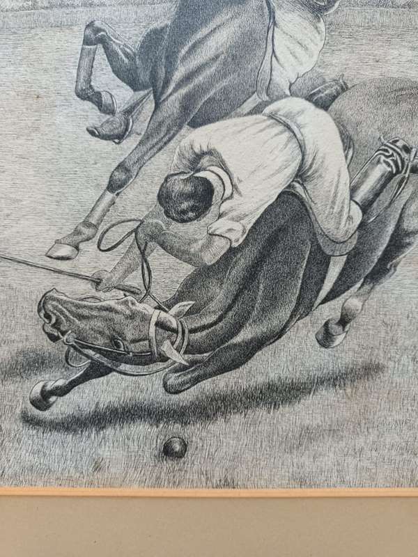 Old pen-and-ink drawing of a scene during a game of polo