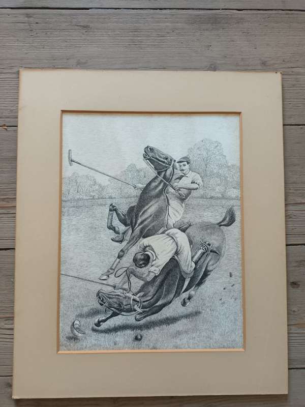 Old pen-and-ink drawing of a scene during a game of polo