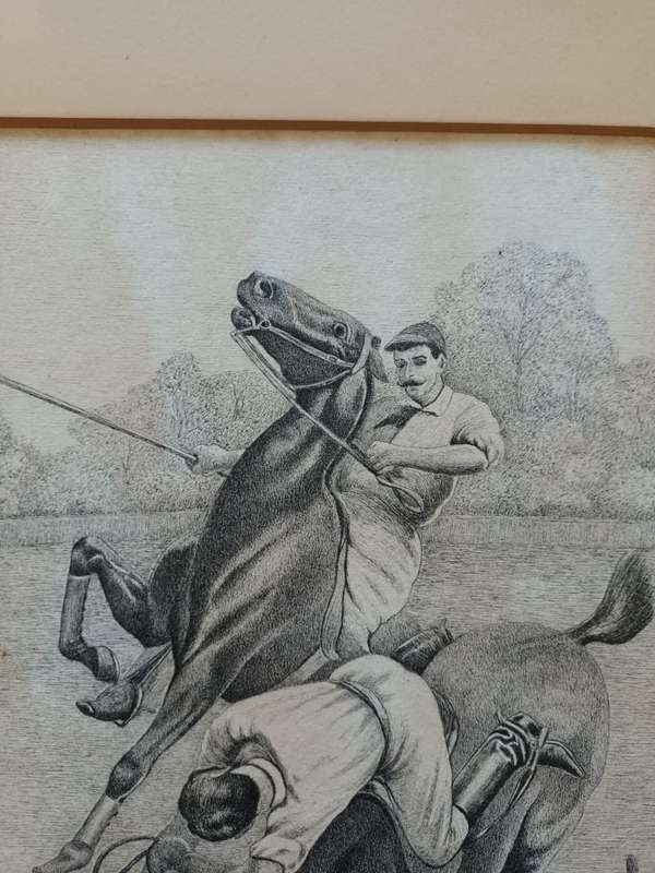 Old pen-and-ink drawing of a scene during a game of polo