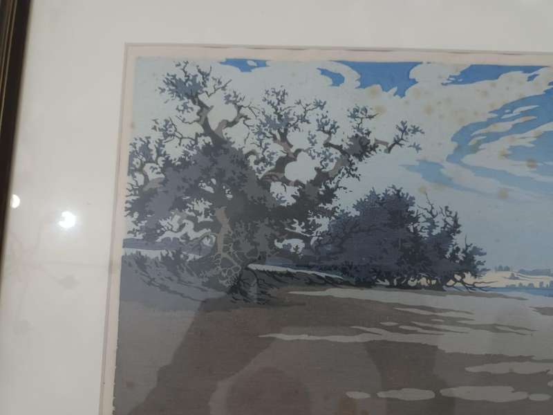 Oscar Droege, North German lakeside landscape with trees, c. 1960? Colour woodblock print