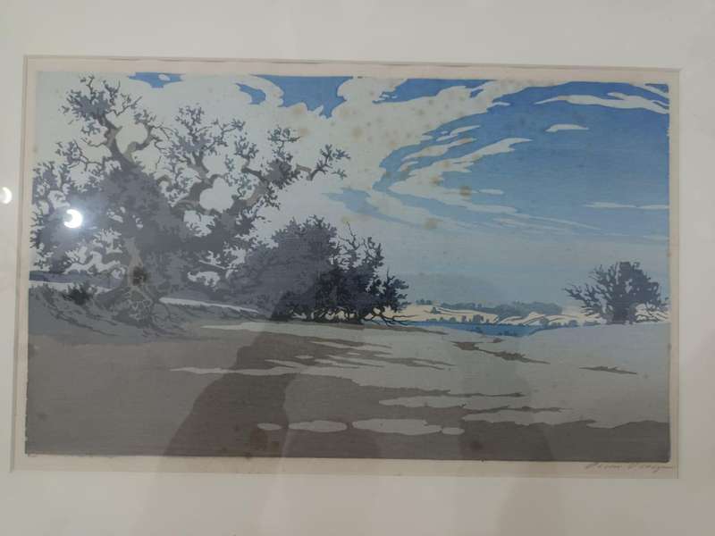 Oscar Droege, North German lakeside landscape with trees, c. 1960? Colour woodblock print