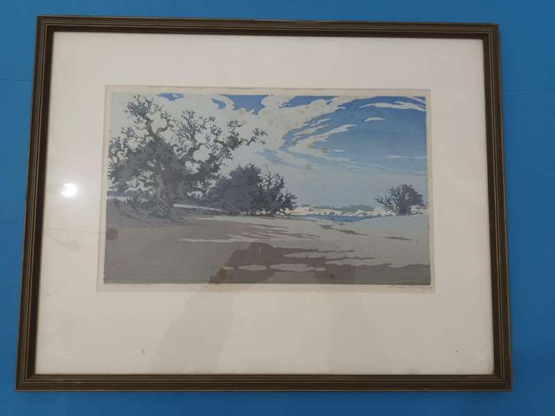 Oscar Droege, North German lakeside landscape with trees, c. 1960? Colour woodblock print