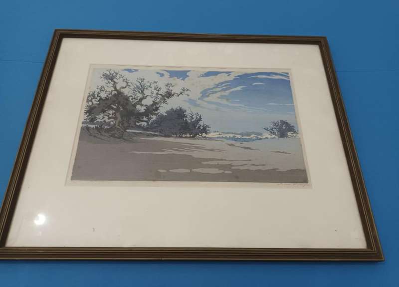 Oscar Droege, North German lakeside landscape with trees, c. 1960? Colour woodblock print