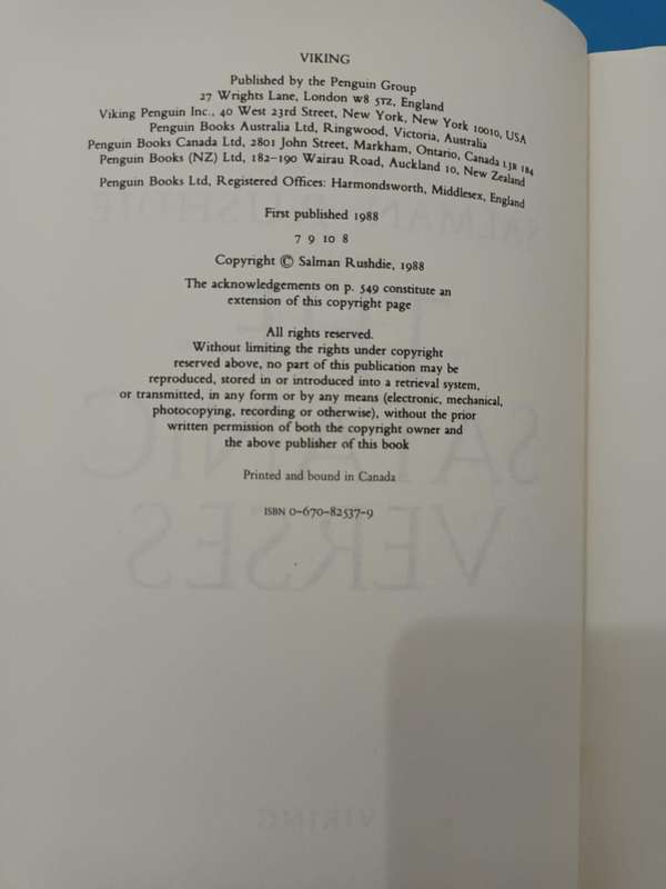 Salman Rushdie, The Satanic Verses, 1988, early U.S. impression