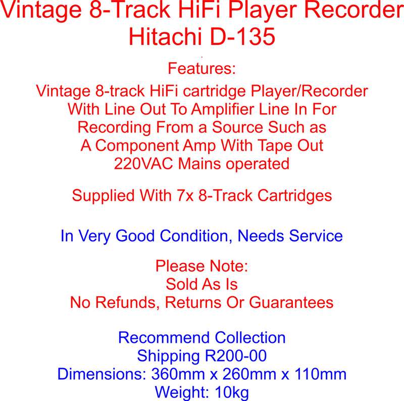 Vintage 8-Track HiFi Player /Recorder Tape Machine Hitachi D-135