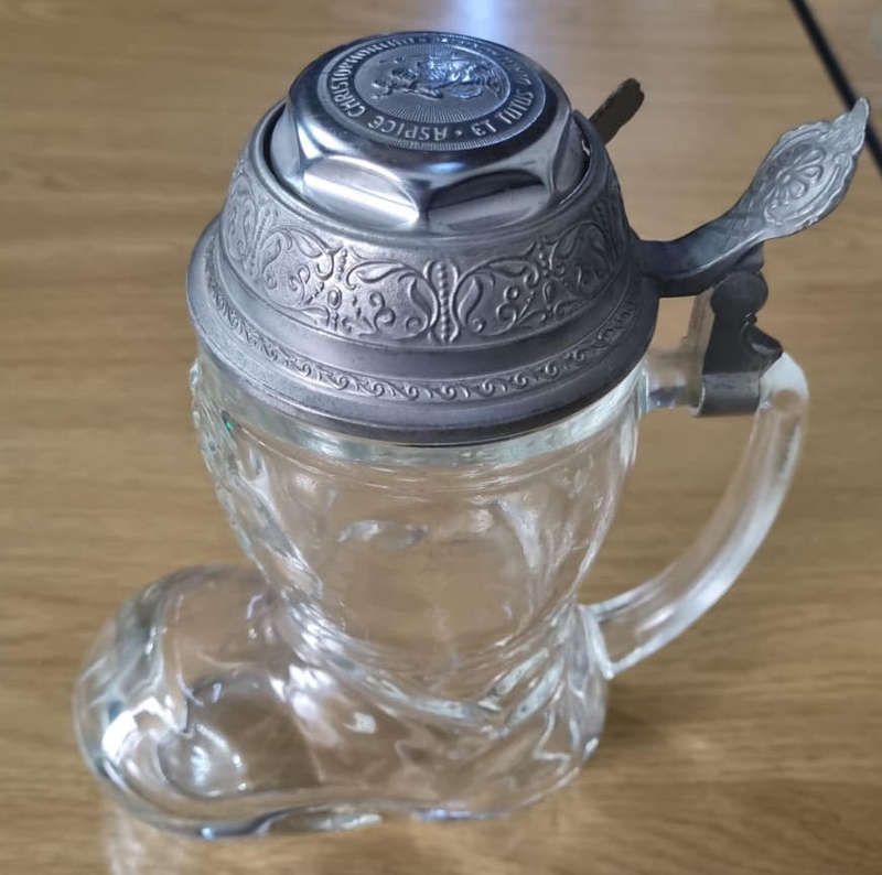 Original BMF Biersiedel Vintage Clear Glass Boot Beer Tankar with Pewter Swing Lind & Bell (Working)