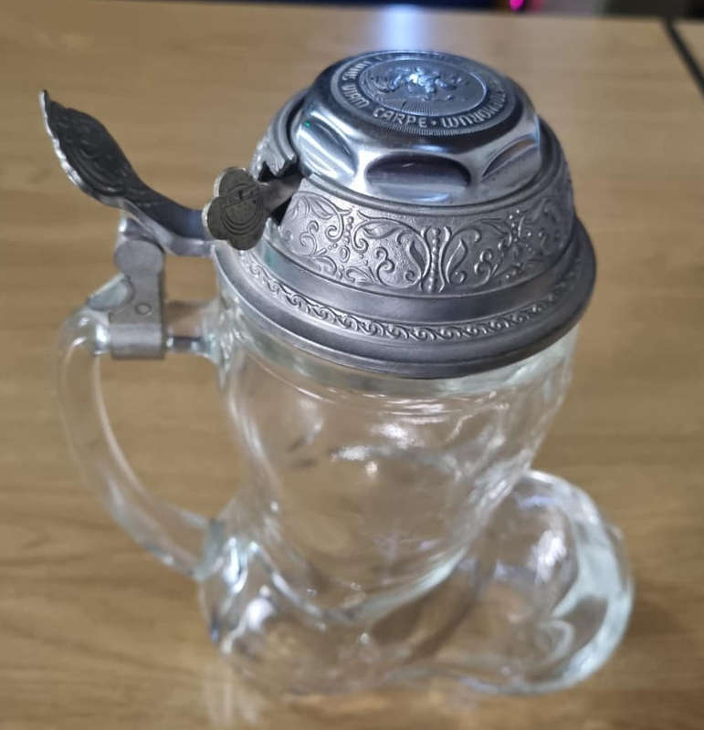 Original BMF Biersiedel Vintage Clear Glass Boot Beer Tankar with Pewter Swing Lind & Bell (Working)