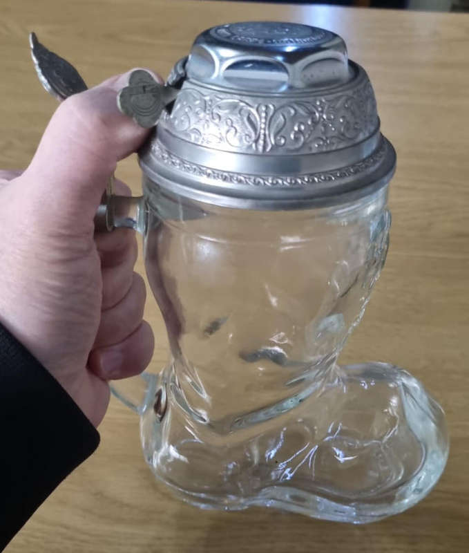 Original BMF Biersiedel Vintage Clear Glass Boot Beer Tankar with Pewter Swing Lind & Bell (Working)