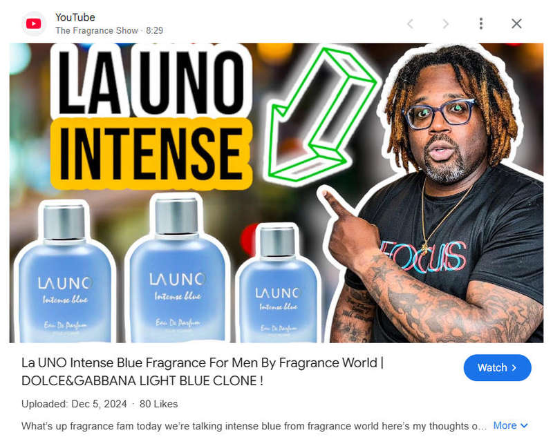 LA UNO Intense Blue Eau De Parfum 100ml  For Men by Fragrance World