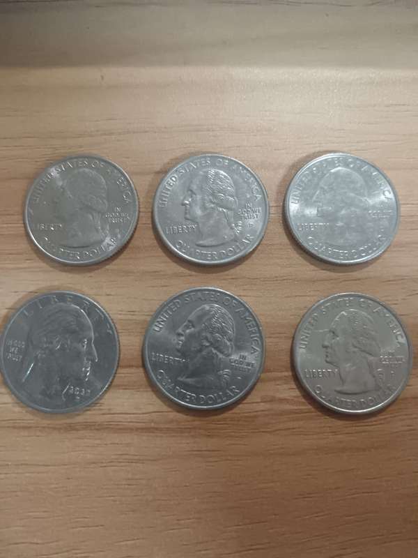 6x United States of America 1/4 Dollar coins.