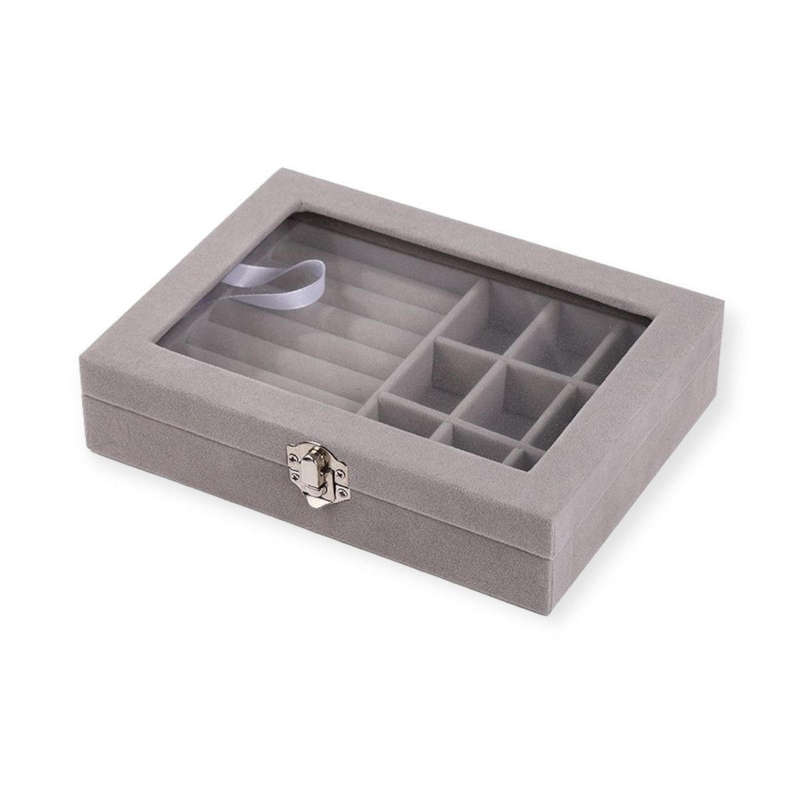Flannel Jewelry Box with 9 Grids & Ring Compartment Clear Lid Jewelry Box