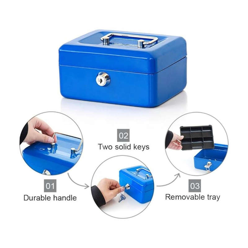Cash Box - Small Metal with Lock & 2 Keys Blue