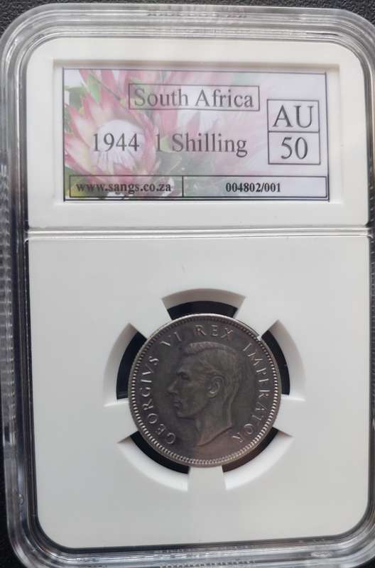 1944 shilling SANGS graded AU50. A very scarce coin!