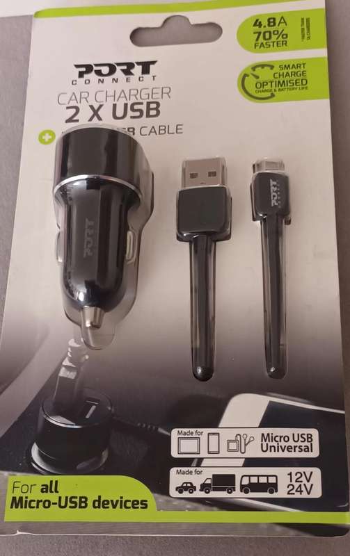 Car Charger. 2x USB. Micro-USB. New.