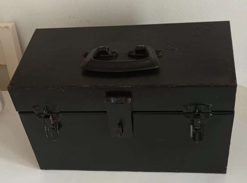 Vintage Lockable Steel Toolbox. Length 35cm. Width 18cm. Height 21cm.