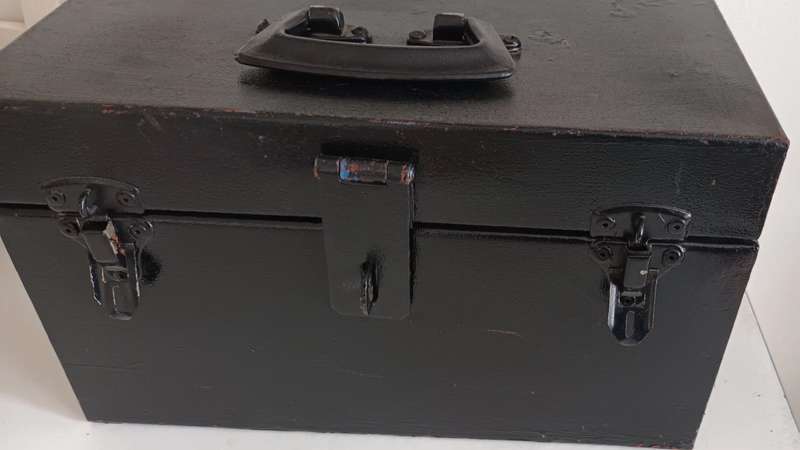Vintage Lockable Steel Toolbox. Length 35cm. Width 18cm. Height 21cm.