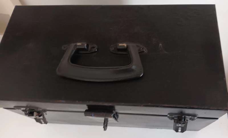 Vintage Lockable Steel Toolbox. Length 35cm. Width 18cm. Height 21cm.