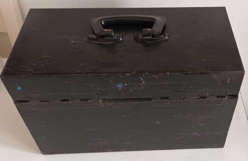 Vintage Lockable Steel Toolbox. Length 35cm. Width 18cm. Height 21cm.