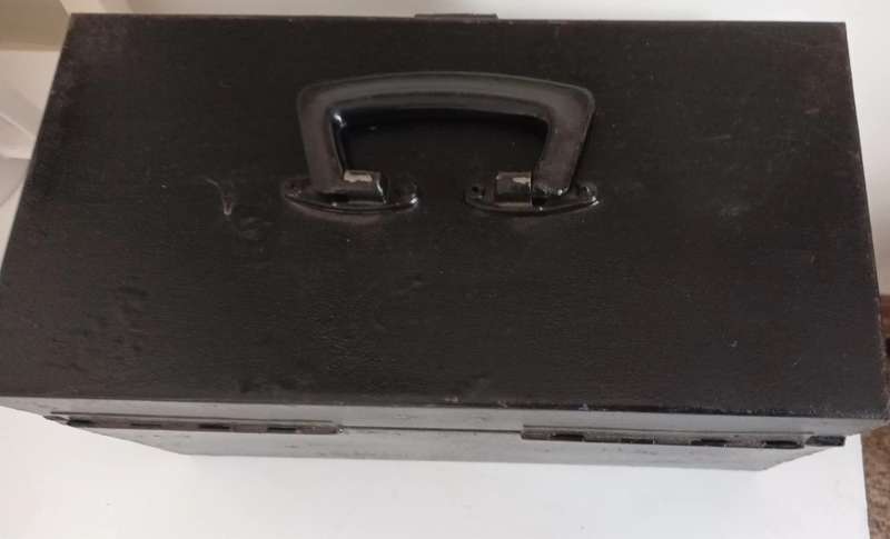 Vintage Lockable Steel Toolbox. Length 35cm. Width 18cm. Height 21cm.