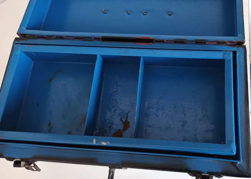 Vintage Lockable Steel Toolbox. Length 35cm. Width 18cm. Height 21cm.