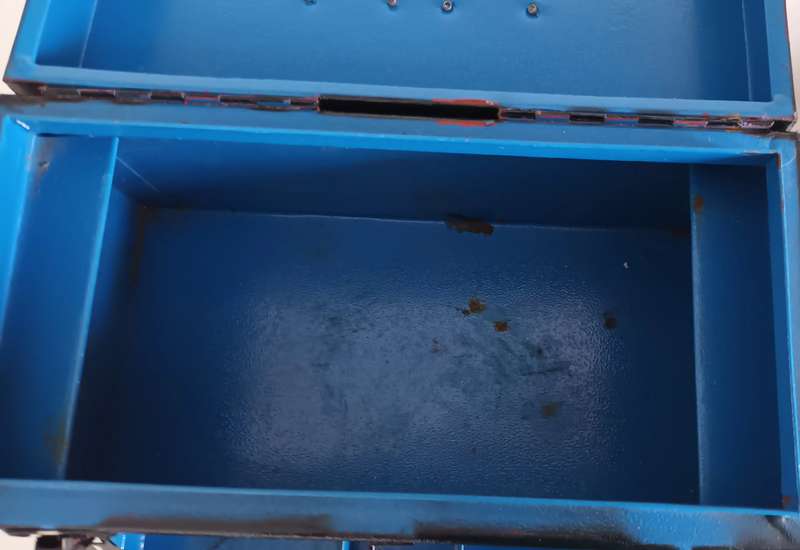 Vintage Lockable Steel Toolbox. Length 35cm. Width 18cm. Height 21cm.