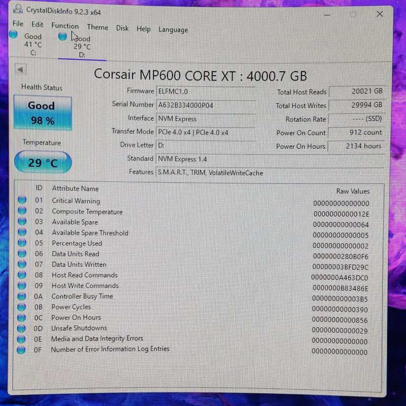 Corsair 4Tb MP600 Core XT Gen4 NVMe with Heatsink. Approximately 1Year warranty remaining.