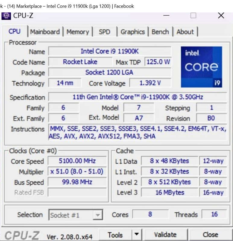Intel Core i9 11900k (LGA 1200) 11th Gen CPU. Like New.