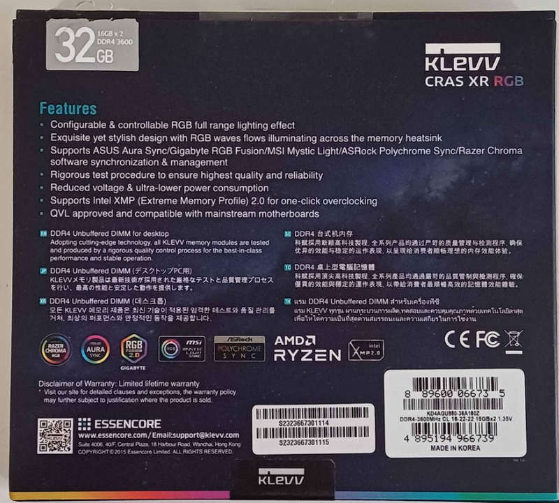 32GB (16GB x 2) KLEVV CRAS XR RGB DDR4 3600MHz. Original packaging.