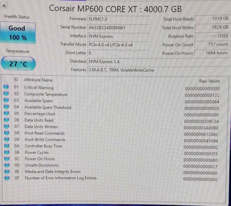 Corsair MP600 CORE XT 4TB PCIe 4.0 (Gen4) x4 NVMe M.2 SSD. Approx. 1 year Warranty left.
